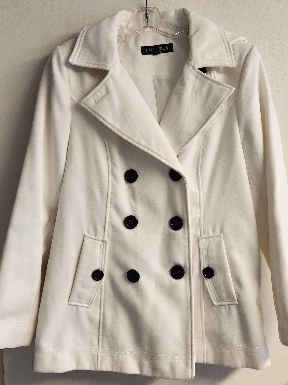 1 Madison White Double-Breasted Pea Coat with Black Buttons,  P2P 20" Across